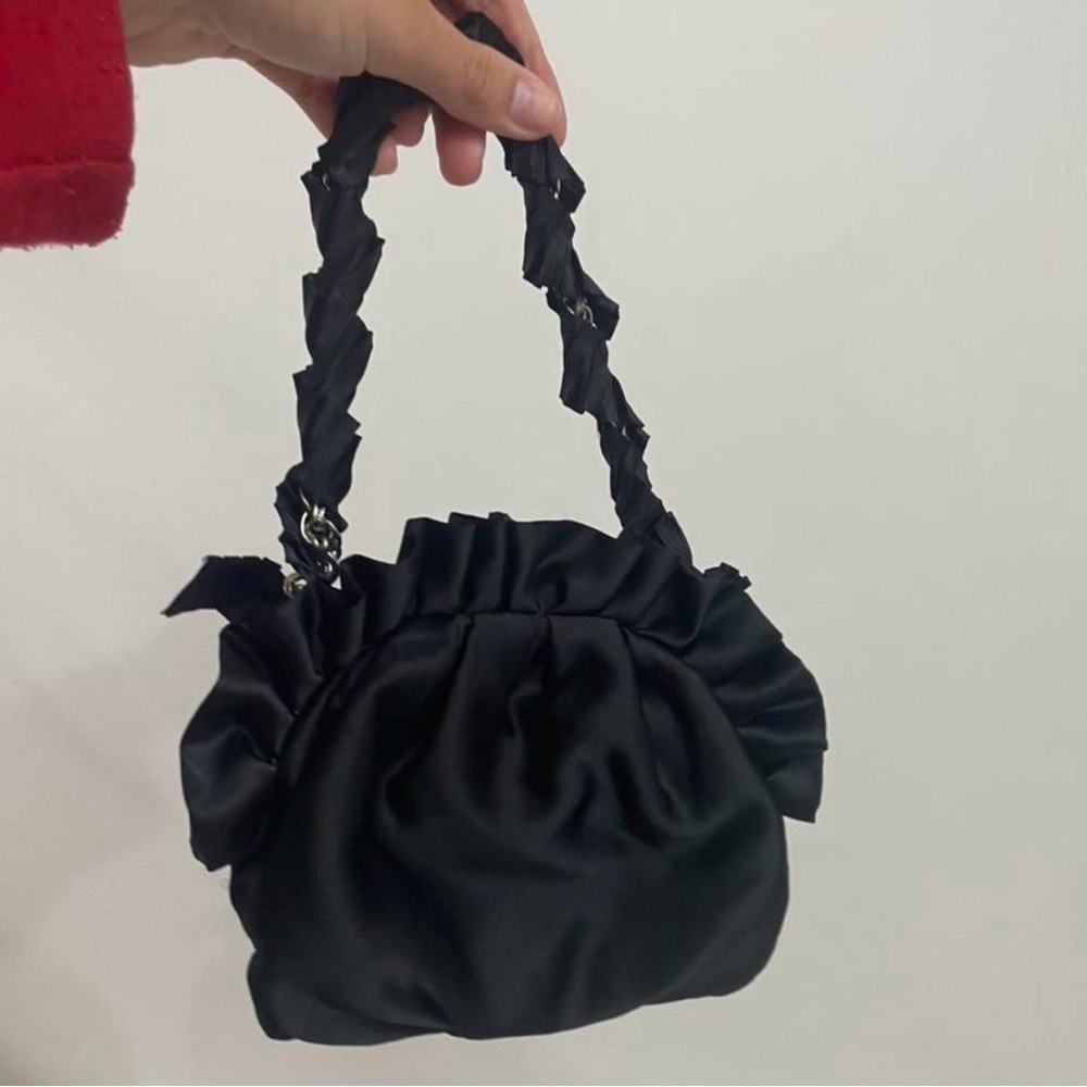 White House Black Market Black Ruffled Mini Bag Purse with chain link strap